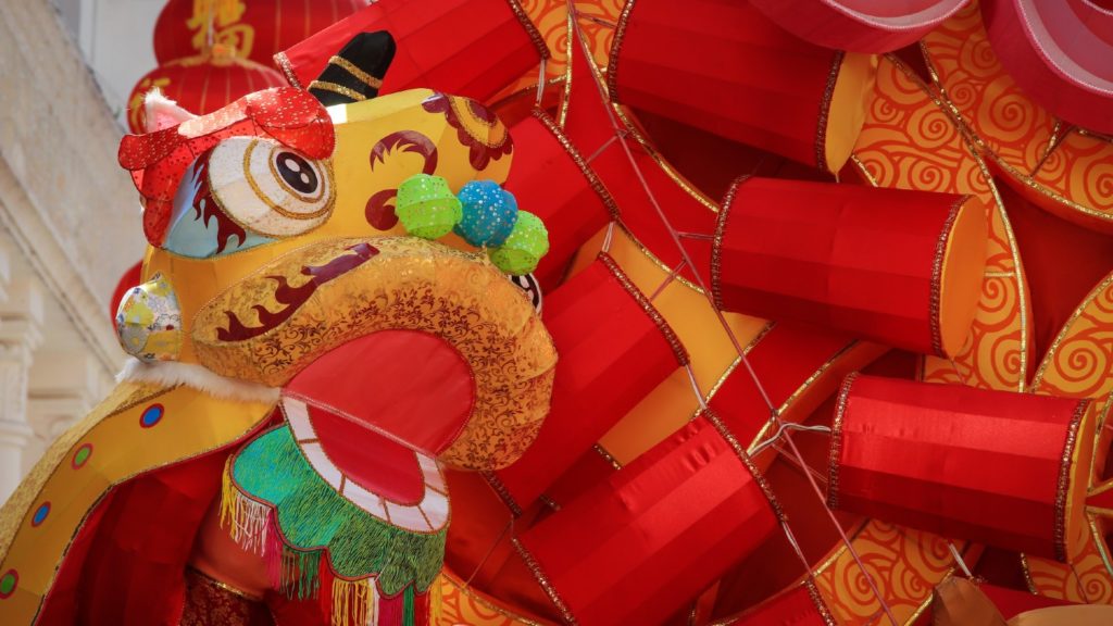 A dragon and lanterns in China to signify Chinese New Year.