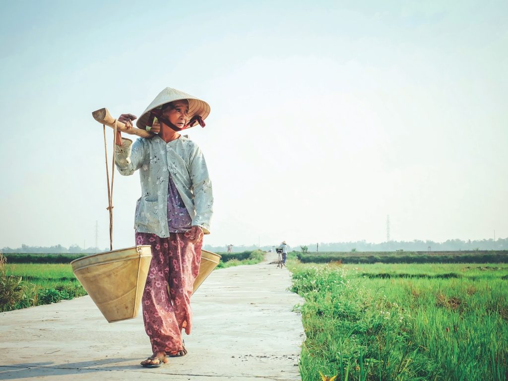 Vietnamese woman walking through fields. The locals know that long, loose attire is the best choice for what to pack for Vietnam.
