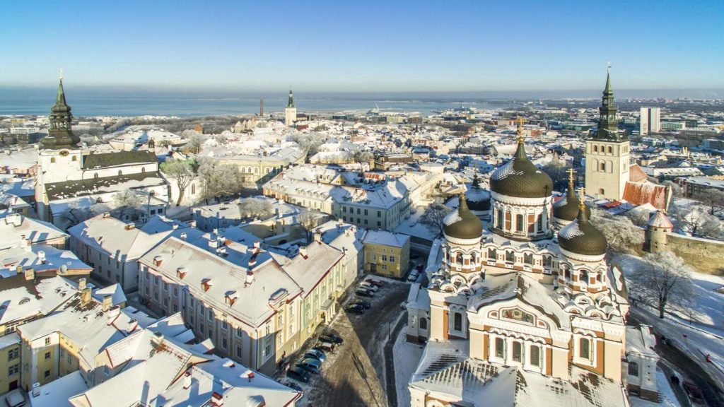 snow covered rooftops Tallinn Estonia