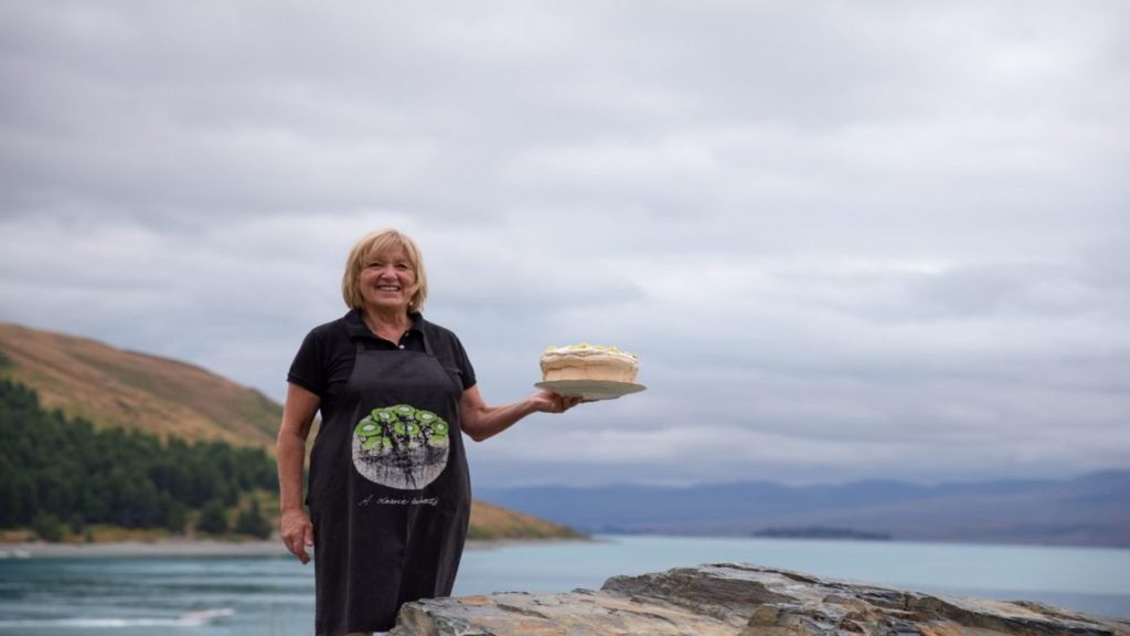 Angie Taylor with her pavlova at Lake Tekapo New Zealand