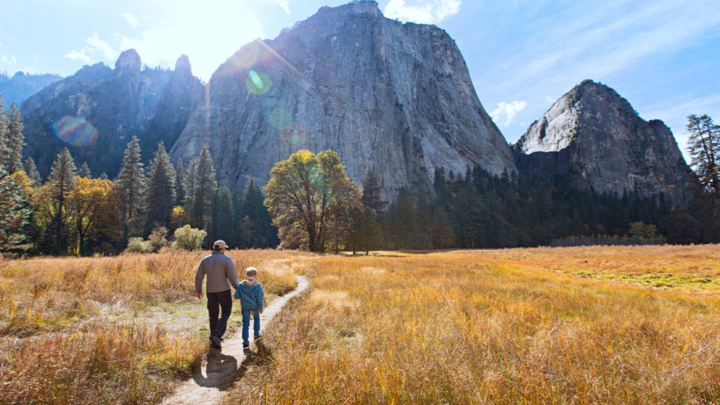 Back view of active family of two, father and son, enjoying valley and mountain view in Yosemite National Park, California.