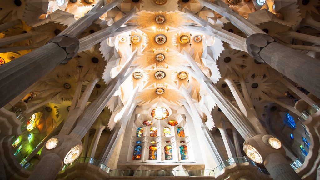 The decorated ceiling of La Sagrada Familia