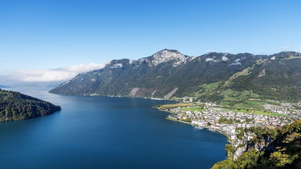 aerial view over Swiss Alps and Lake Lucerne Switzerland