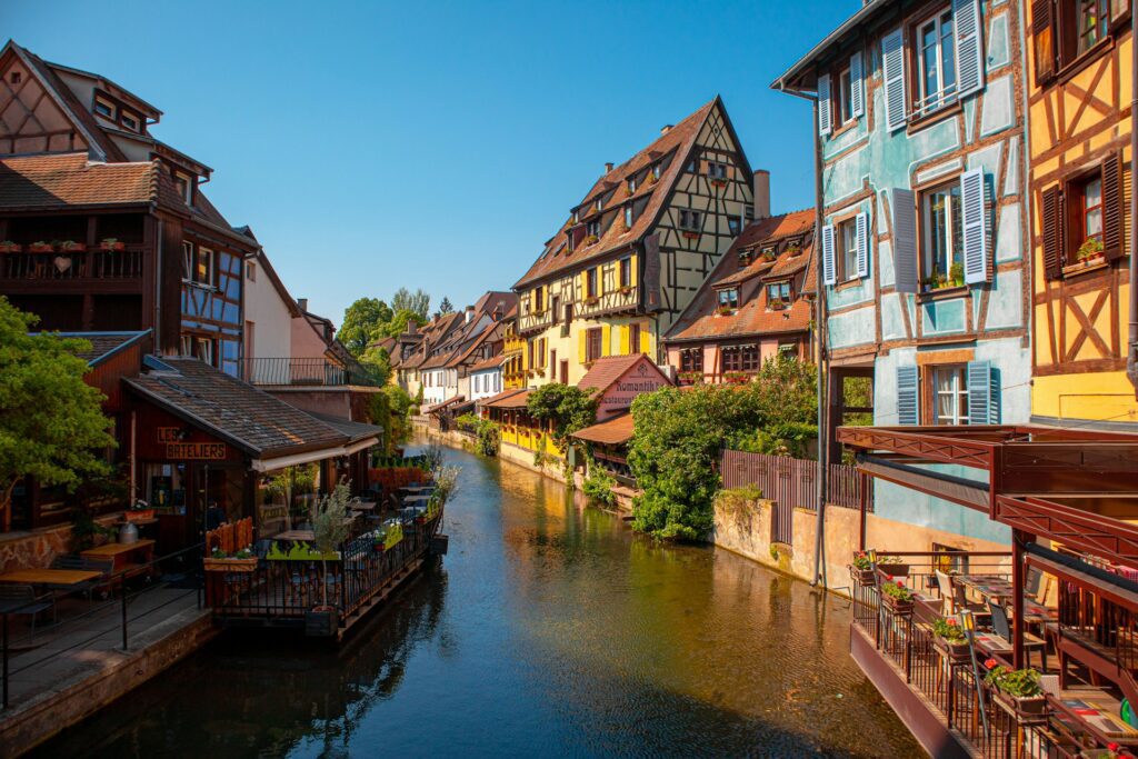 Medieval timber-framed houses overlooking a canal in Strasbourg, France