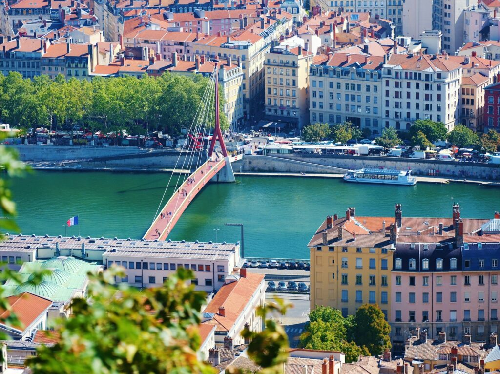 Bridge over a river in Lyon seen from an elevated position
