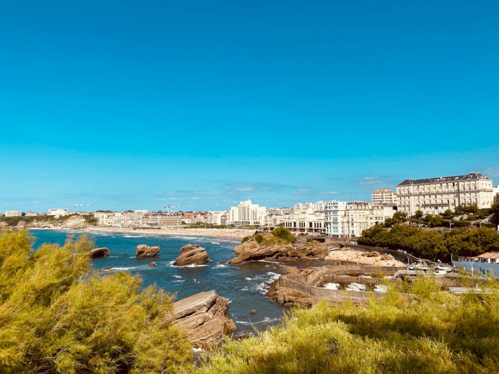 View along the seafront of Biarritz with beach and hotels 
