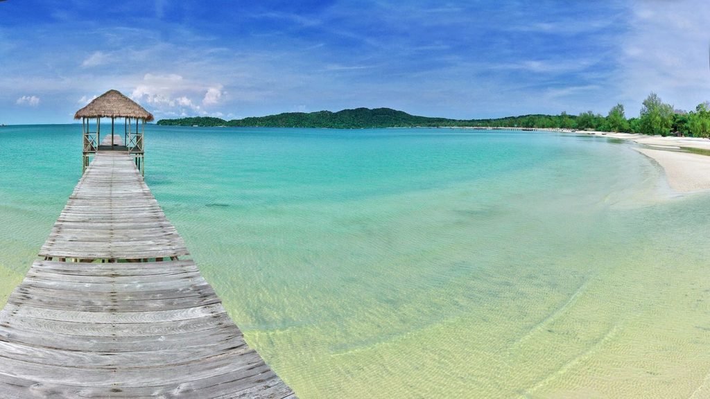 wooden jetty blue ocean Koh Rong Island Cambodia