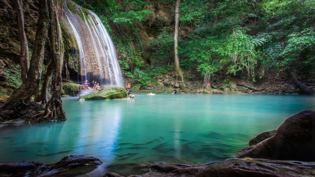 blue waterfall jungle Kanchanaburi Thailand