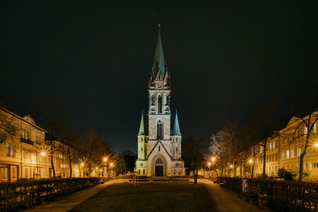 Church lit up at night in Darmstadt Germany