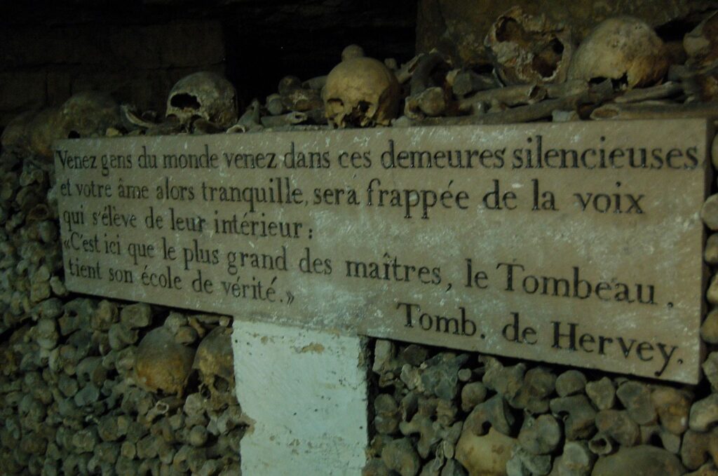 Inscription written into stone inside the Paris Catacombs, skulls and bones surround it.