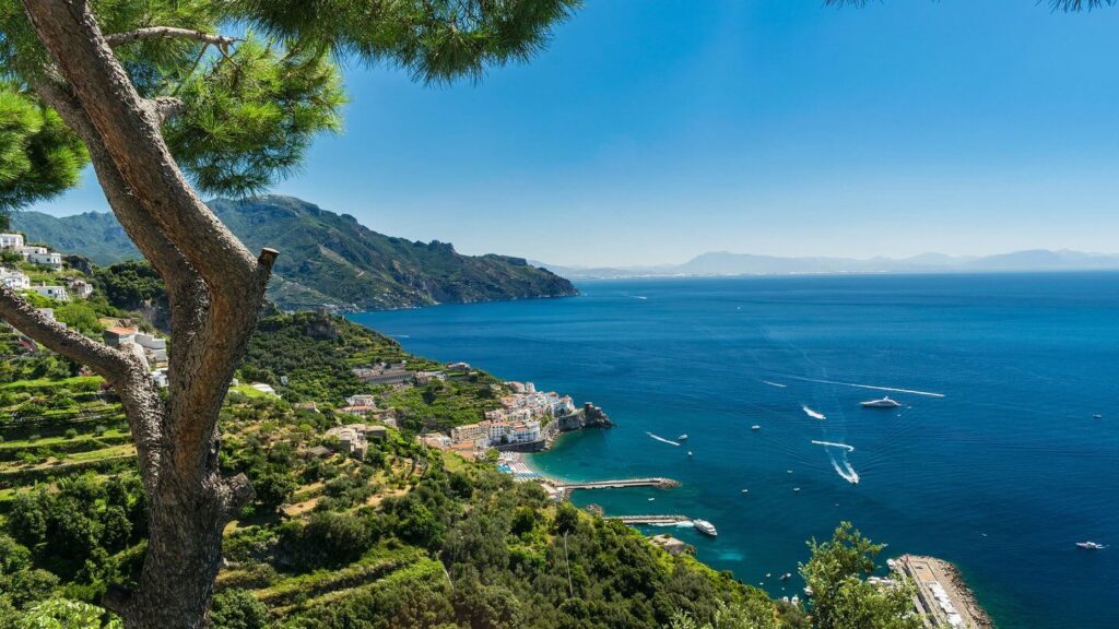 blue ocean green hills Amalfi Coast Italy