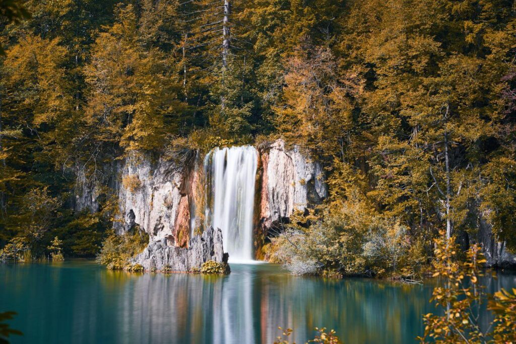 waterfall autumn forest Plitvice Lakes National Park Croatia