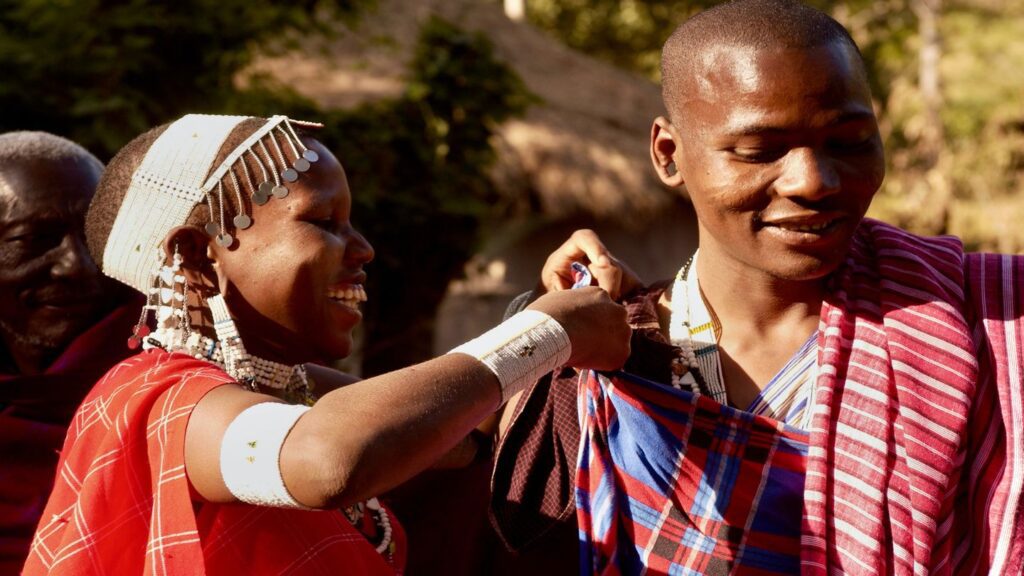 Maasai people wearing traditional clothing