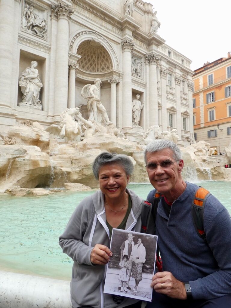 Dolores and Jay at Trevi Fountain with family photo Trafalgar Unlocked Award winner
