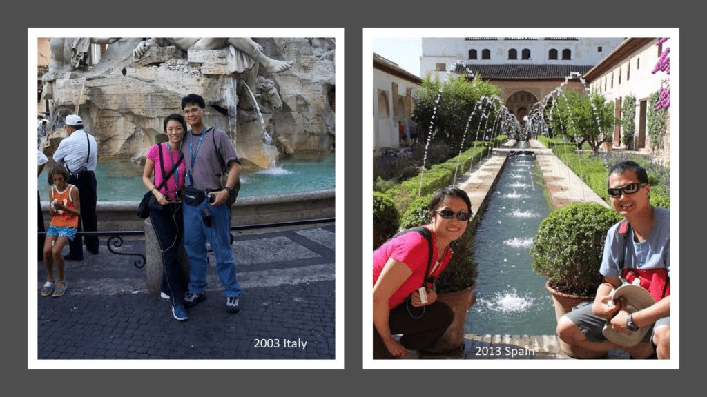 Split image of a couple by iconic travel landmarks, 10 years apart