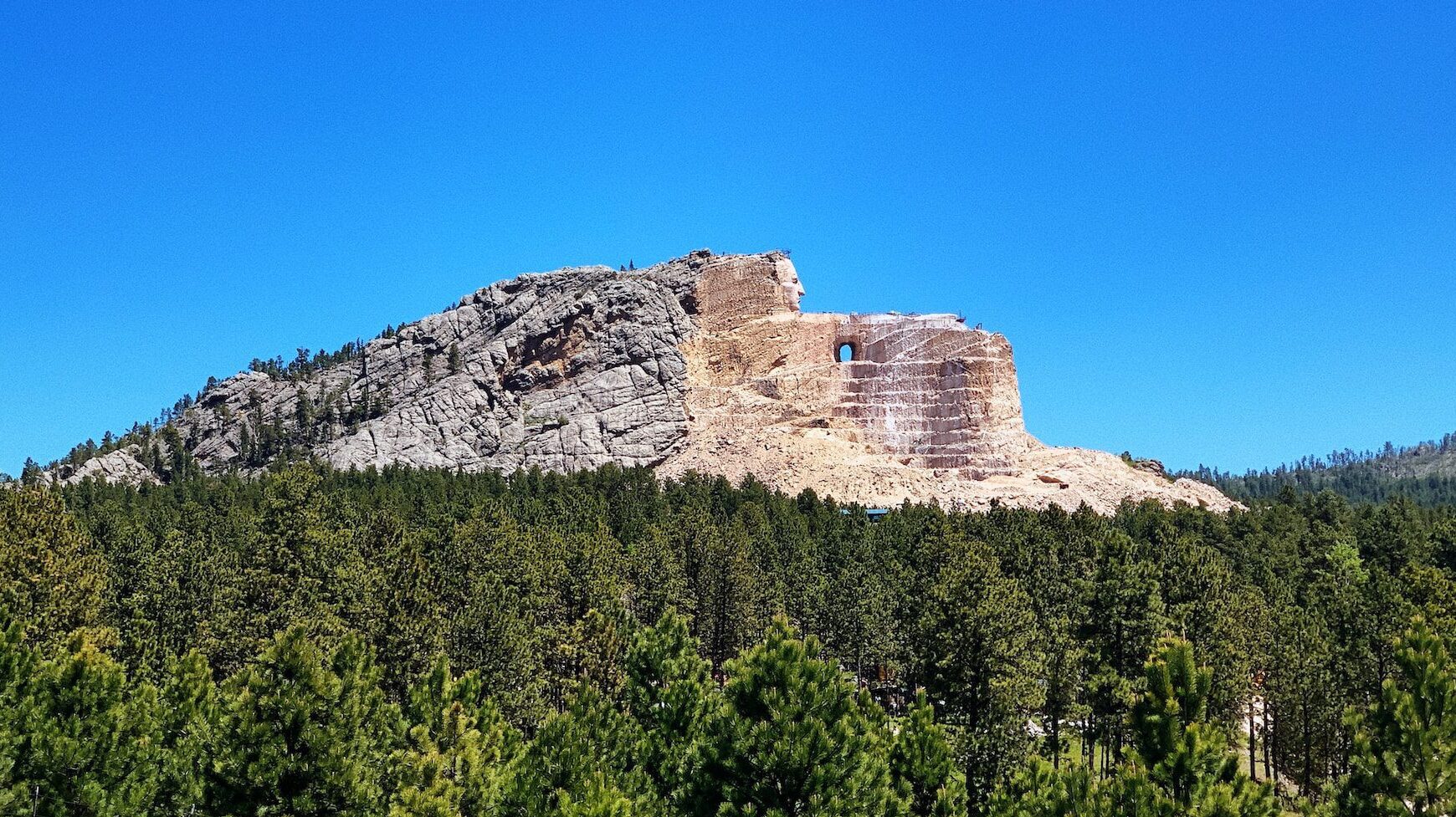 Image of Crazy Horse monument, viewed from a distance across tree tops; bright blue sky