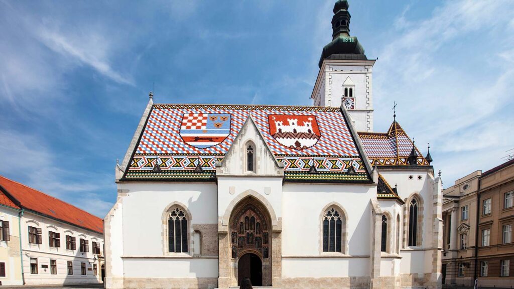 Zagreb's famous church, St. Mark's, with its multi-colored tiled roof showcasing the historic Croatian shields.