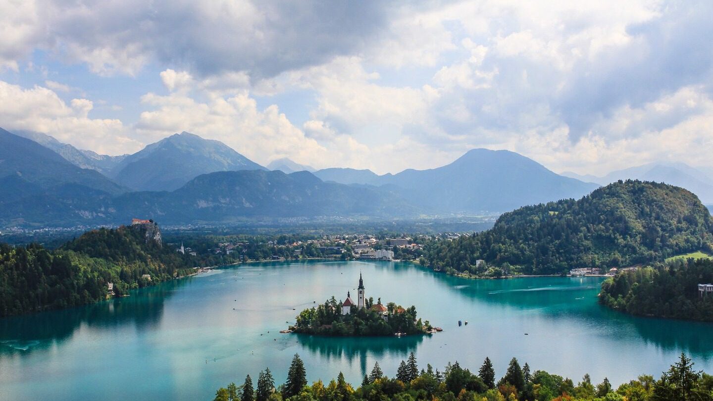 Aerial image of Lake Bled in Slovenia