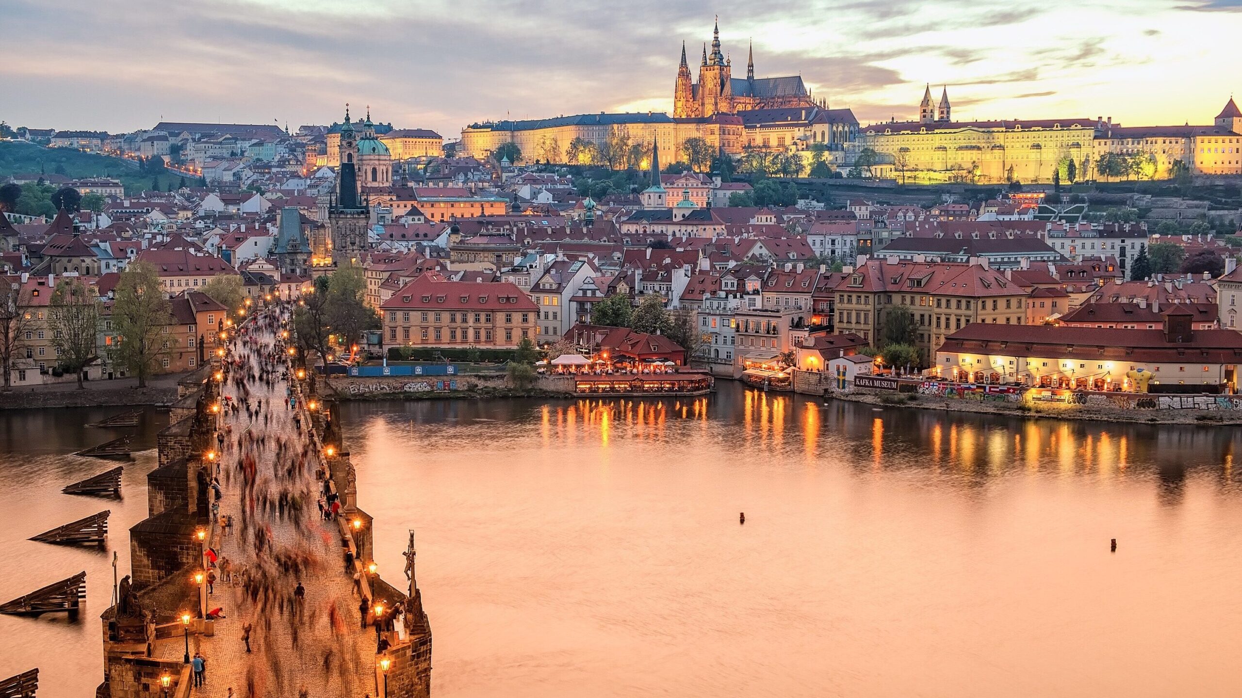 A wide angle view of Prague's Old Town and river