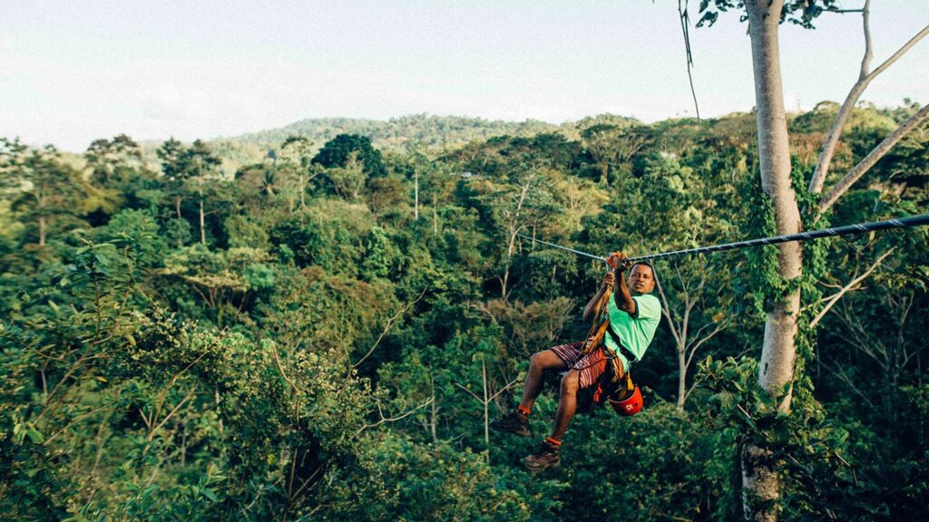 Image of a man travelling across a jungle canopy on a zip line