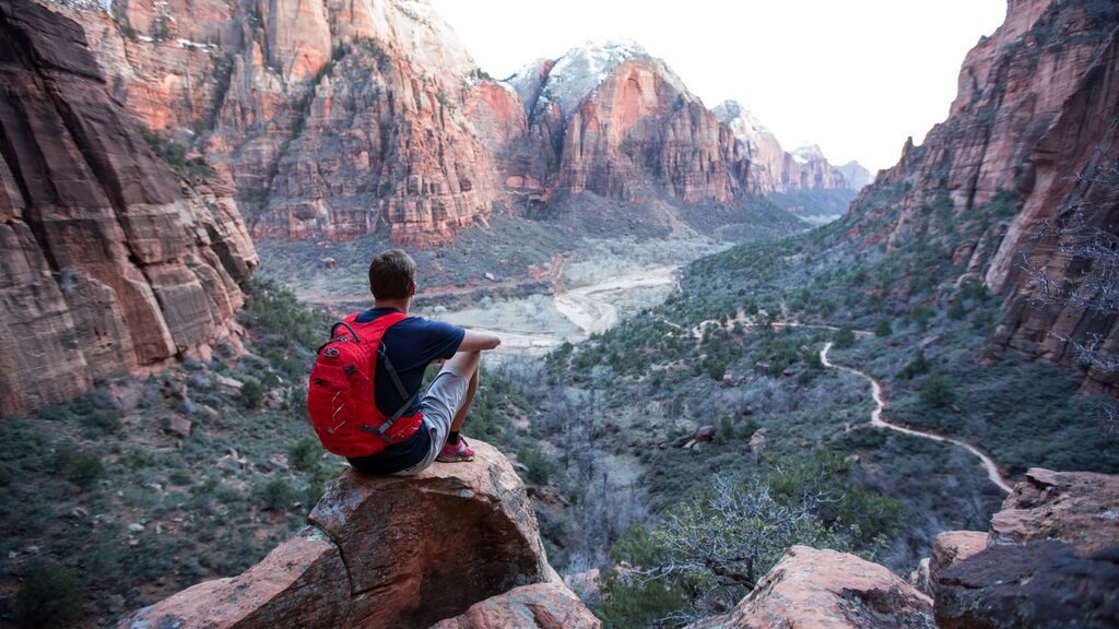 Hiker overlooking canyon, Zion National Park, Utah