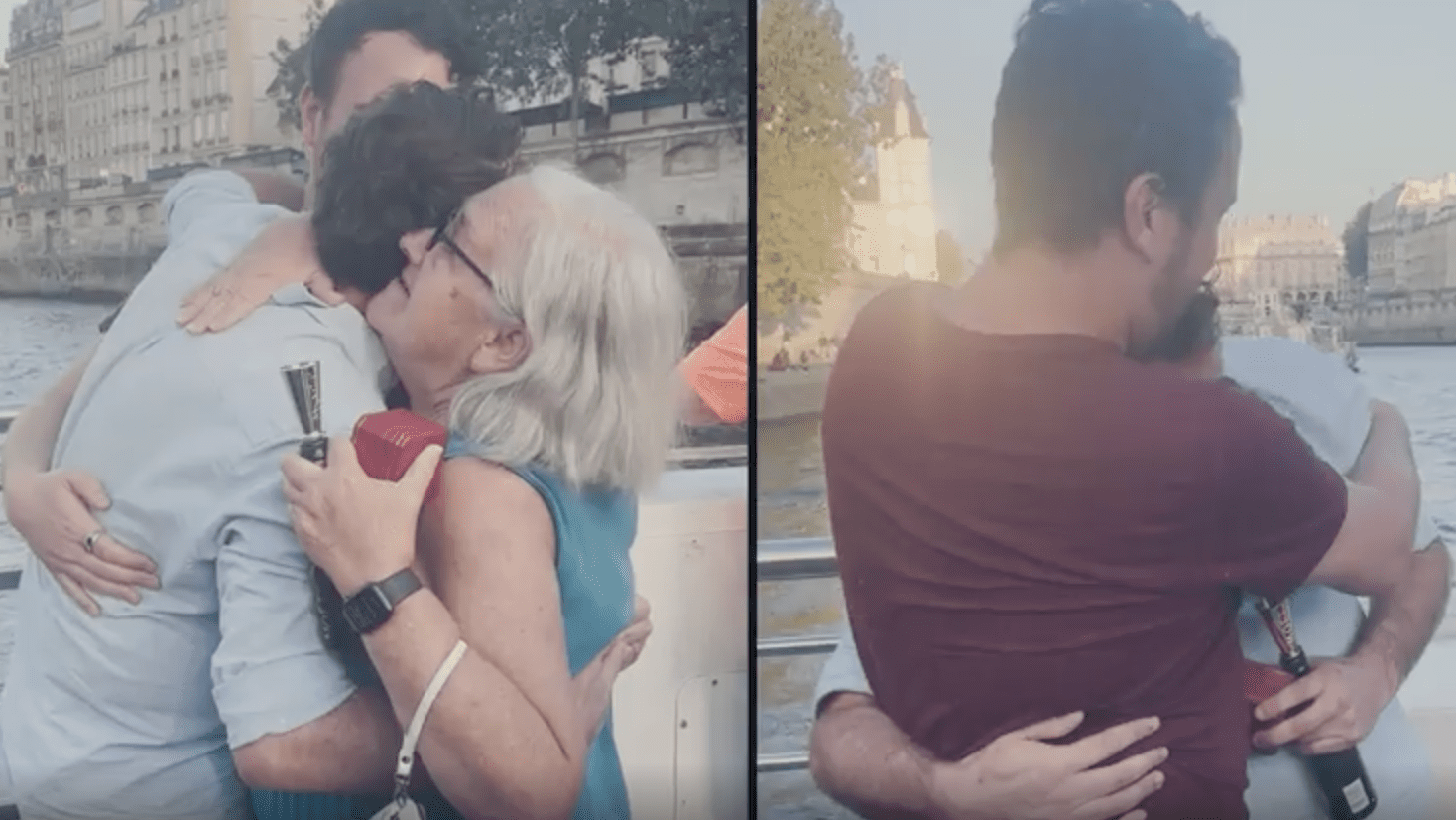 Two photos side-by-side of a newly engaged couple hugging on a boat on the Seine. In one of the photos, their new friend from their tour is hugging and congratulating them.