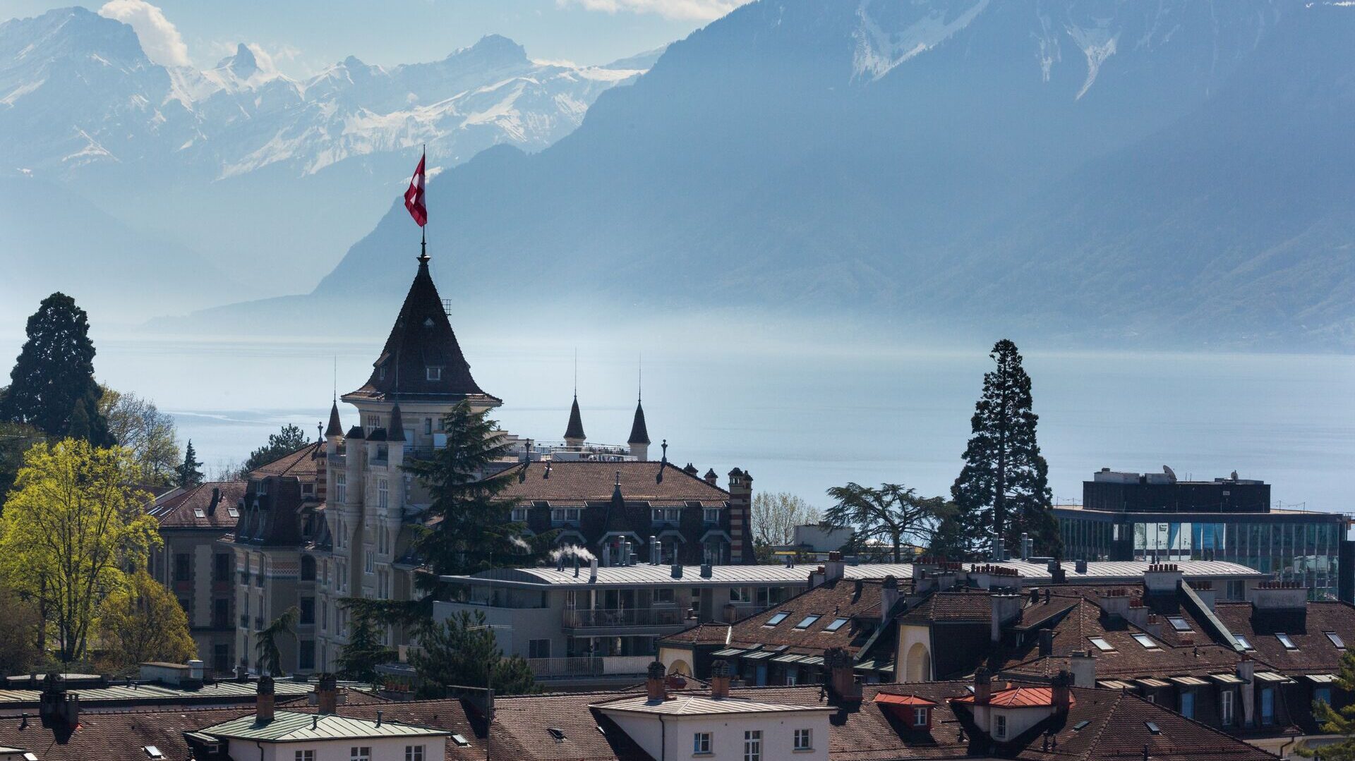 Lausanne townscape with Lake Geneva in background, Switzerland