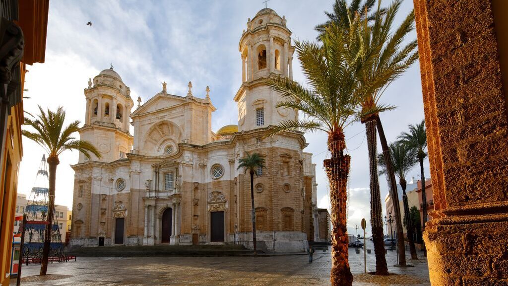 The New Cathedral with palm trees in Cadiz, Spain