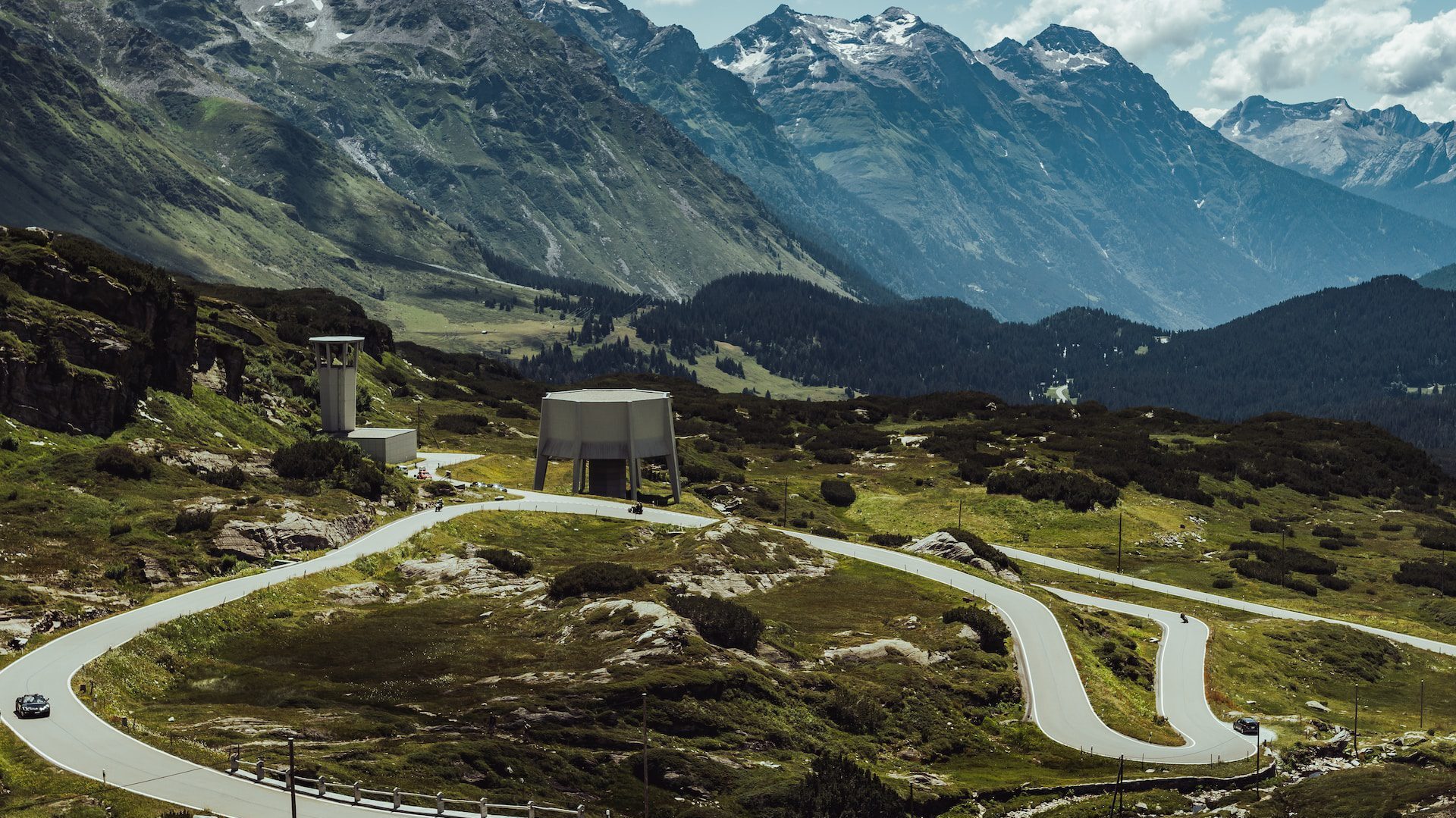 The san Bernardo pass with snowcapped mountains in background, Switzerland