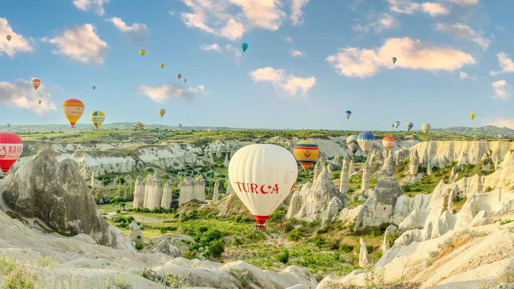 The Fairy Chimneys with hot air balloons, Cappadocia, Türkiye