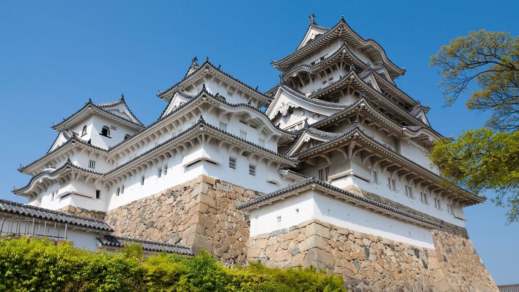 Himeji castle with blue sky in background, Honshu, Japan