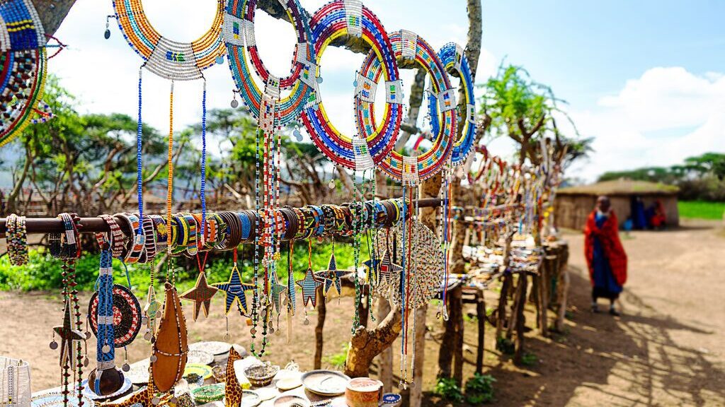 Traditional Massai souvenir market in Kenya or Tanzania, Africa