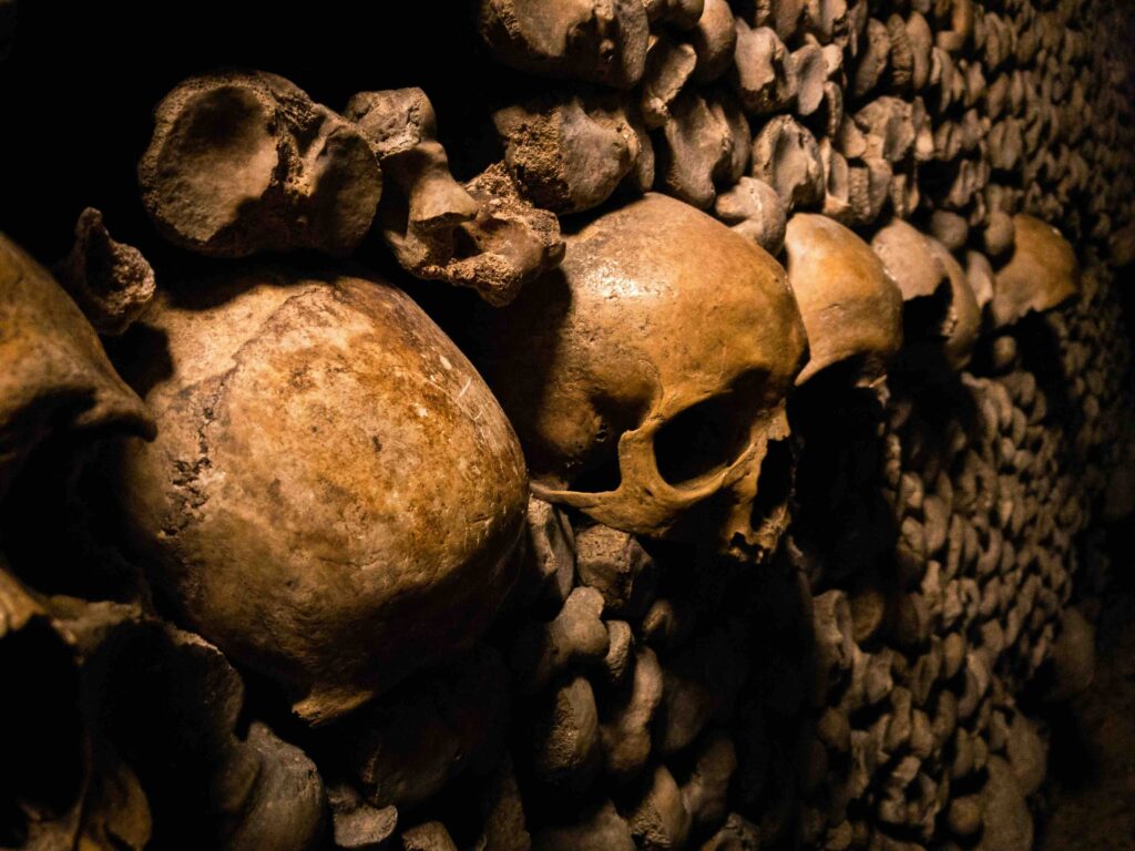 Paris Catacombs, close up of skulls in the walls.