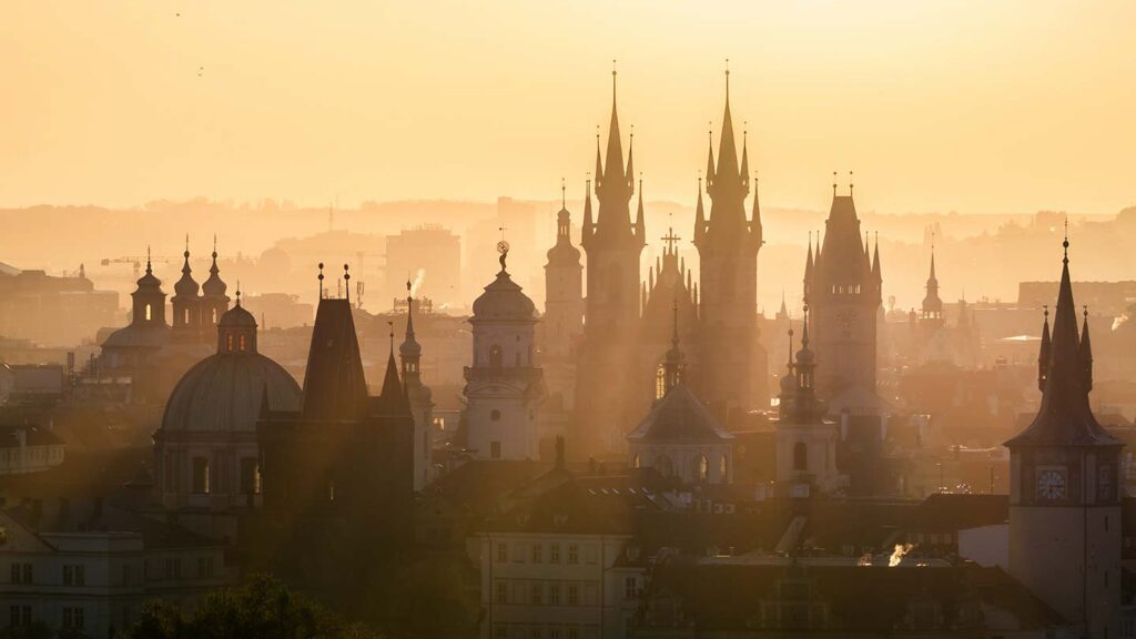 Prague bathed in the setting sun's light