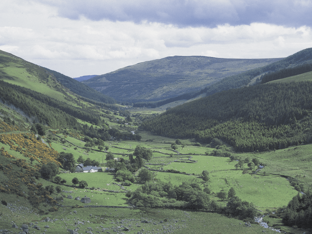 Glendalough valley, a landscape shot of the lush emerald trees and rolling hills in the background