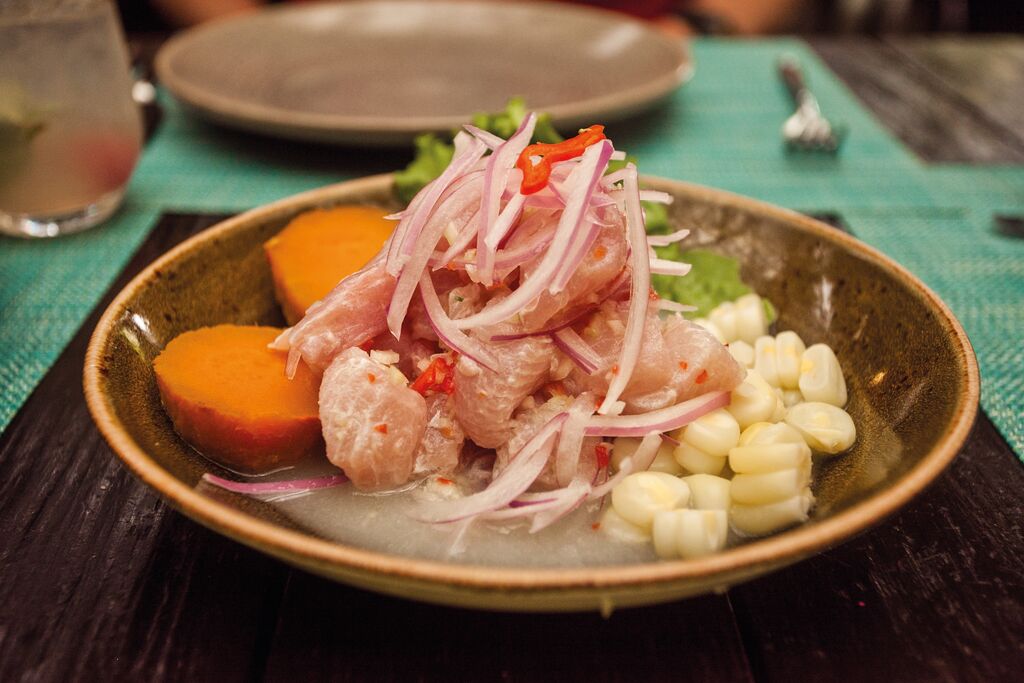 A plate of ceviche - raw fish, corn, sweet potato and onion covered in citrus acid.