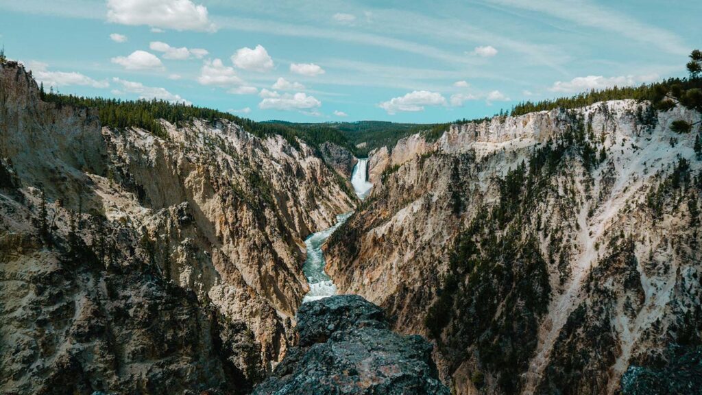 View of river running through a canyon in Yellowstone National Park 