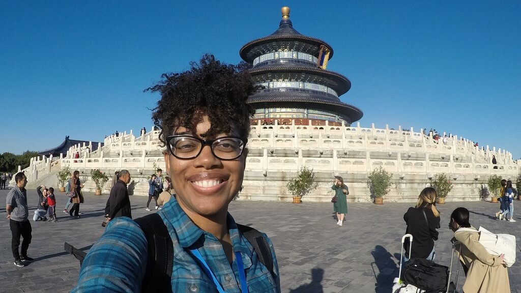 Past Trafalgar guest Candace takes a selfie with the Temple of Heaven in the background