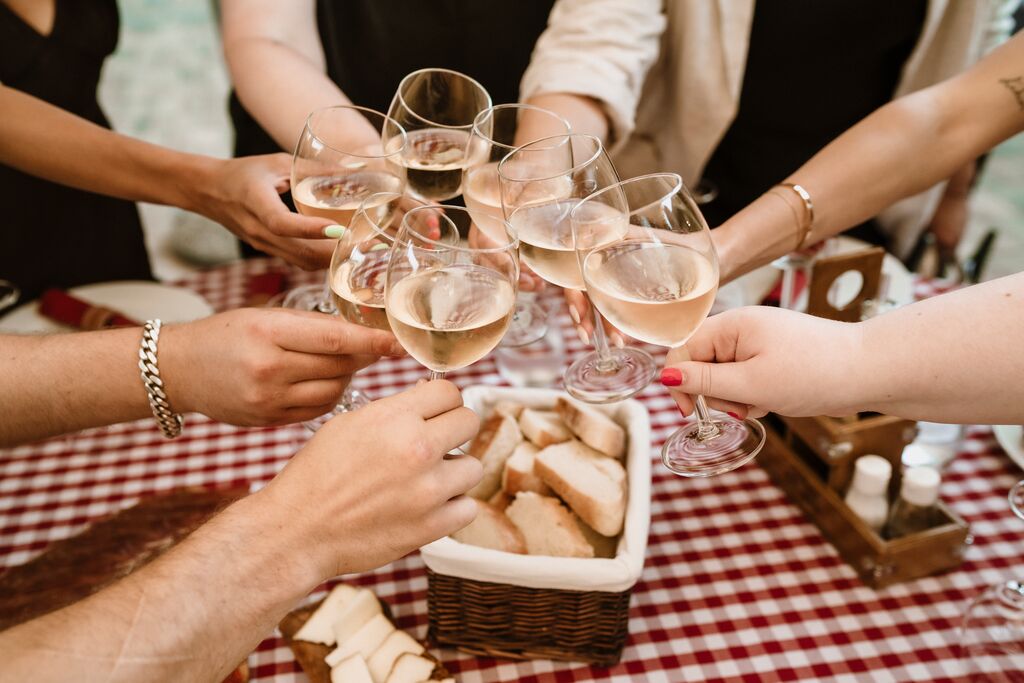 Close-up image of many hands clinking wine glasses over a red and white checked tablecloth