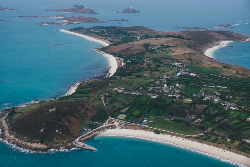 Just off of the Cornish Coast in England, a view of the Isles of Scilly taken from a plane.