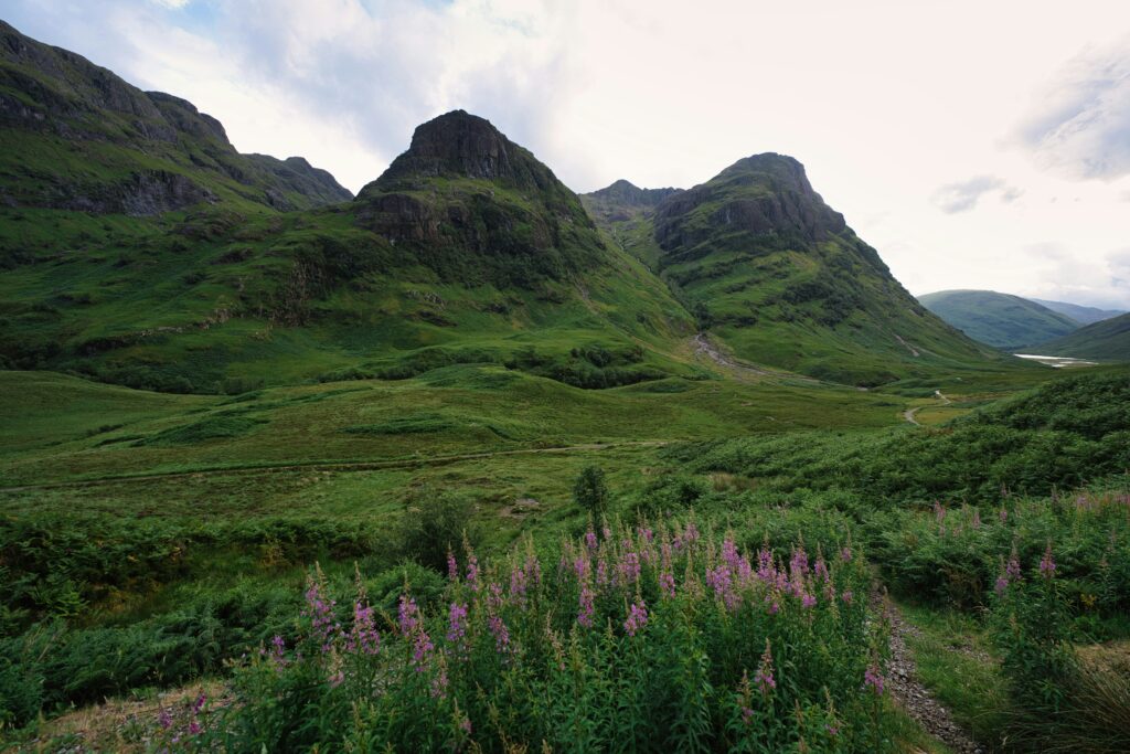 Lush green hills rising from grassy fields in the Scottish Highlands near Aviemore, Scotland.
