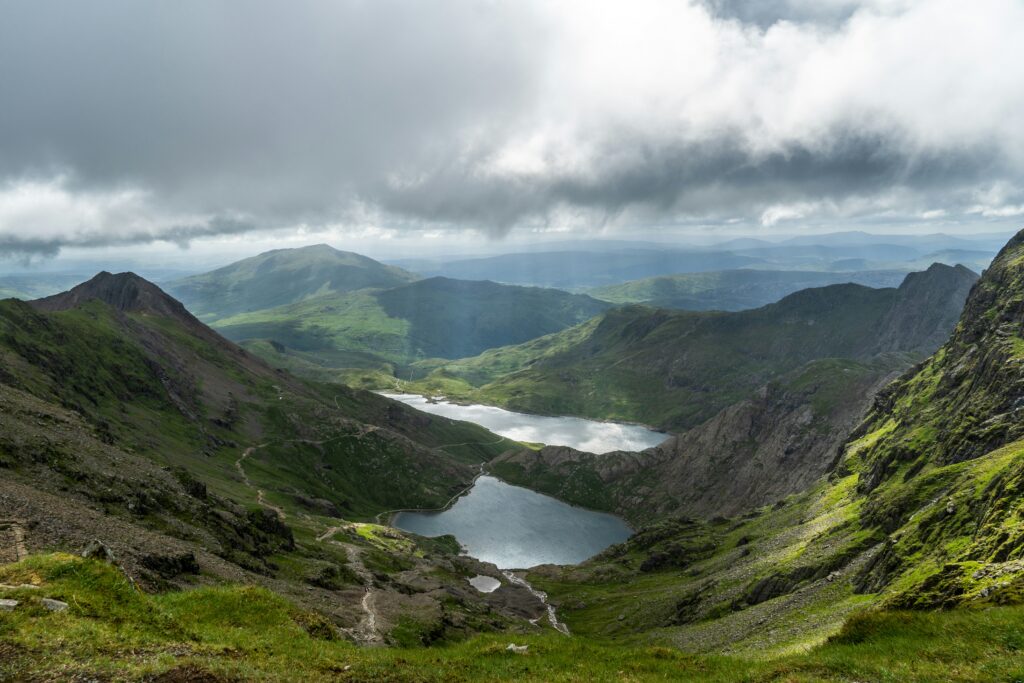 A view of the Miners Trail cutting through the hills of Snowdonia National Park, Wales.