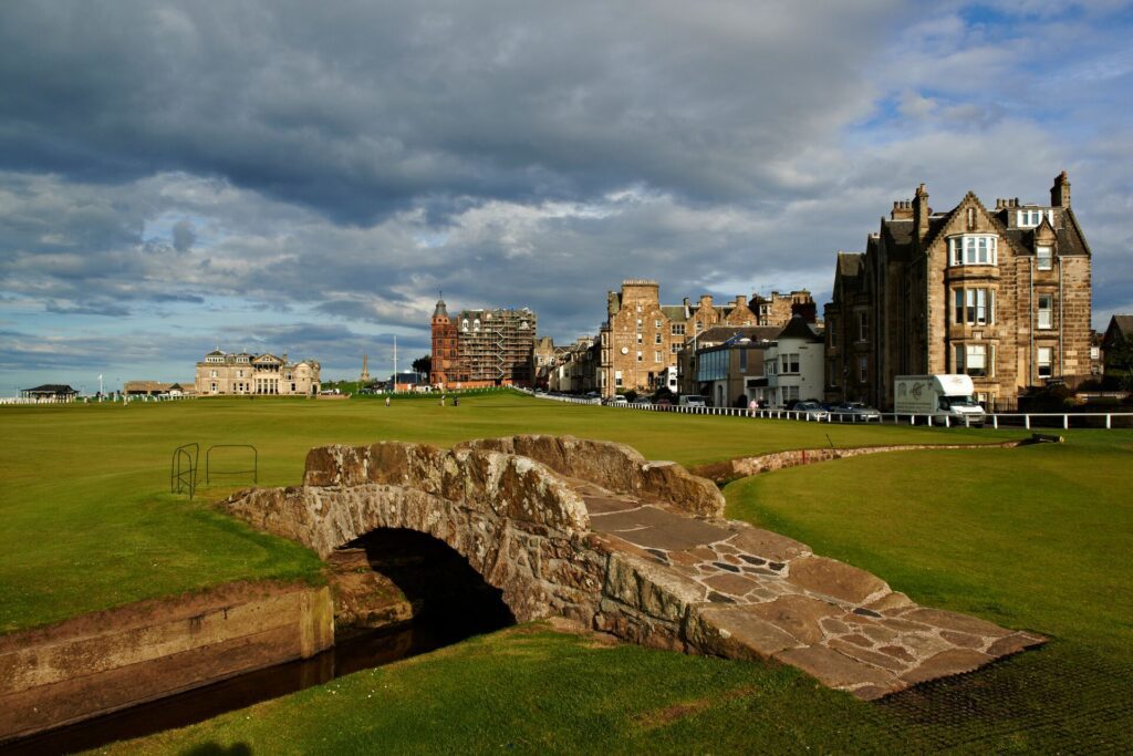 A view of the historic Old Course at St. Andrews Links, Scotland.