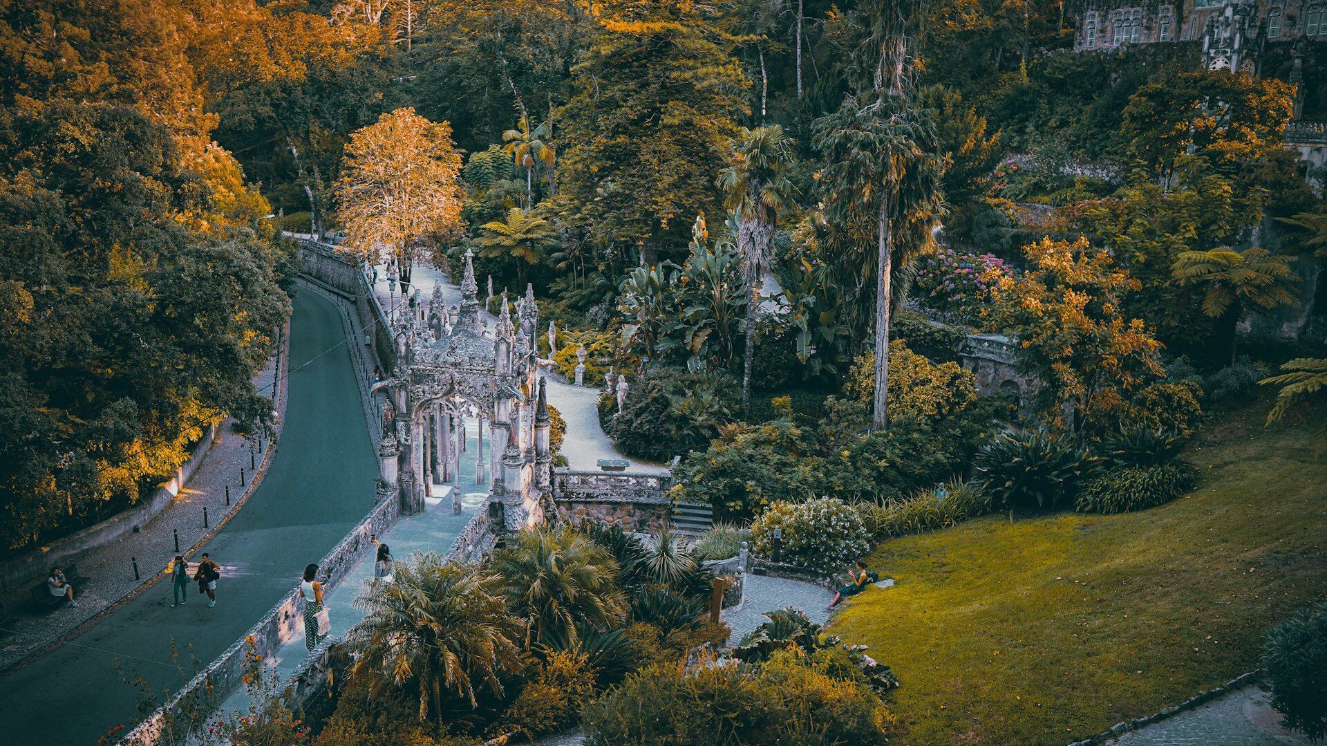 Sintra in Portugal, shot from a high angle, with trees showing autumn leaves