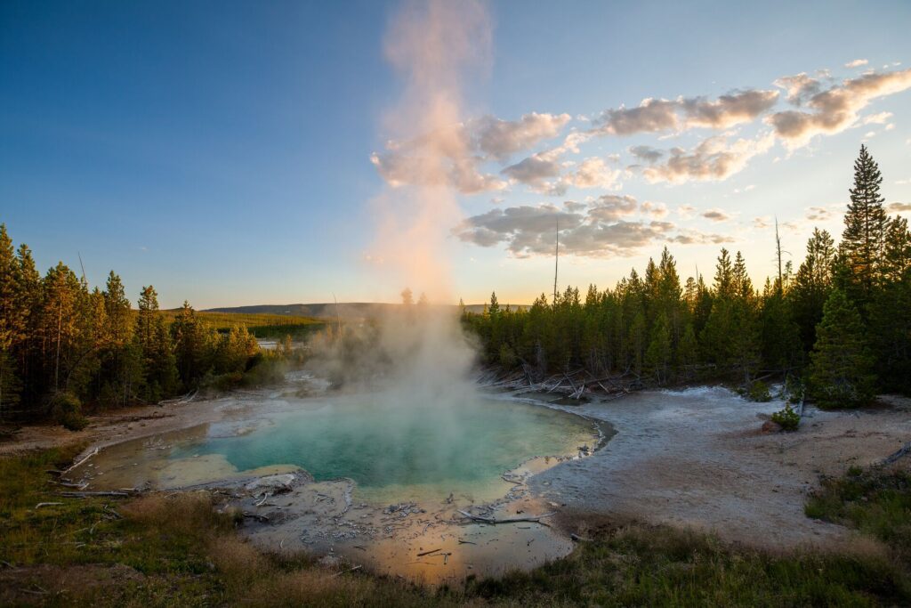 Norris hotspring sunset yellowstone national park