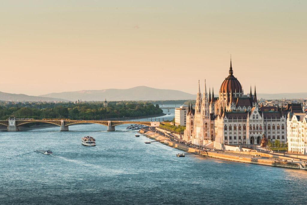 birds-eye-view of Budapest, the river Danube and parliament