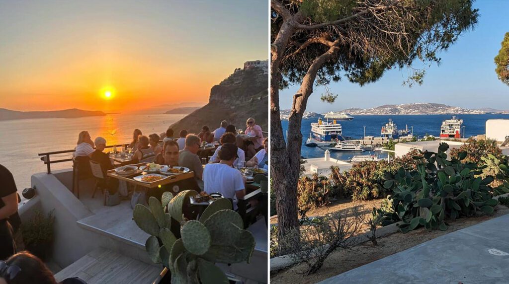Side-by-side images of the oceans in Mykonos and Santorini
