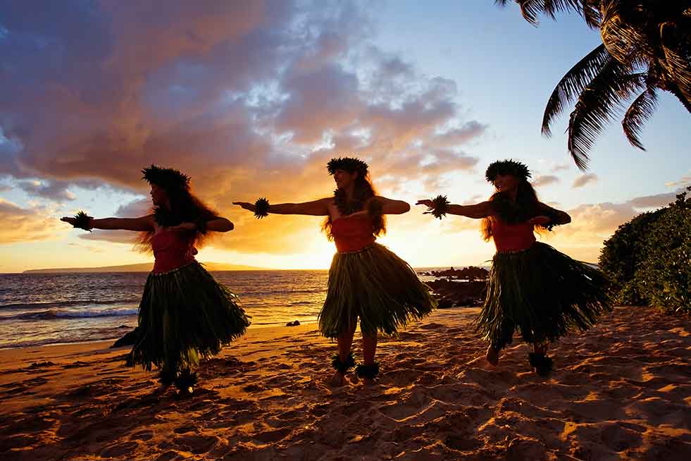 Hawaii hula dancers sunset
