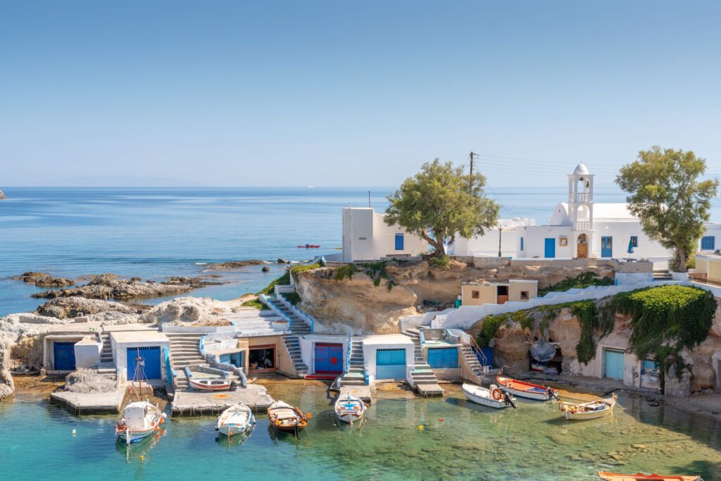 Fishing boats on Mandraki village Milos, Greece.