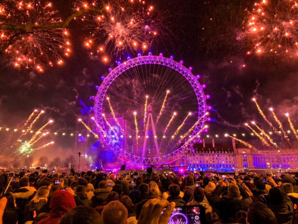 London Eye hosts spectacular fireworks display on New Year's Eve, showcasing a breathtaking celebration.